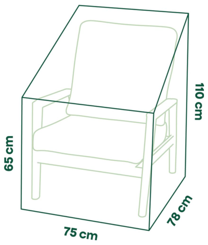 Dessin au trait d'une chaise rembourrée dans une boîte de protection, avec les dimensions suivantes : 75 cm de large, 78 cm de profondeur, 110 cm de hauteur, hauteur de la chaise 65 cm.