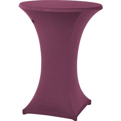 Une housse de table basse extensible magenta drapée sur une table ronde haute sur fond blanc.