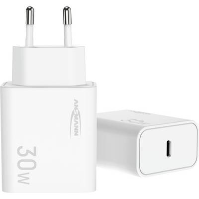Chargeur mural blanc Ansmann 30W USB-C avec prise deux broches, montré en vue de face et vue de profil sur fond blanc.