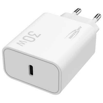 Chargeur mural USB-C 30W blanc avec deux broches de prise européenne rondes et port USB-C sur le devant
