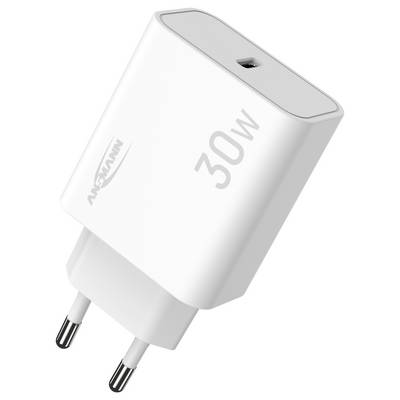 Chargeur mural USB 30W blanc avec deux fiches de style européen et un port USB sur le dessus.