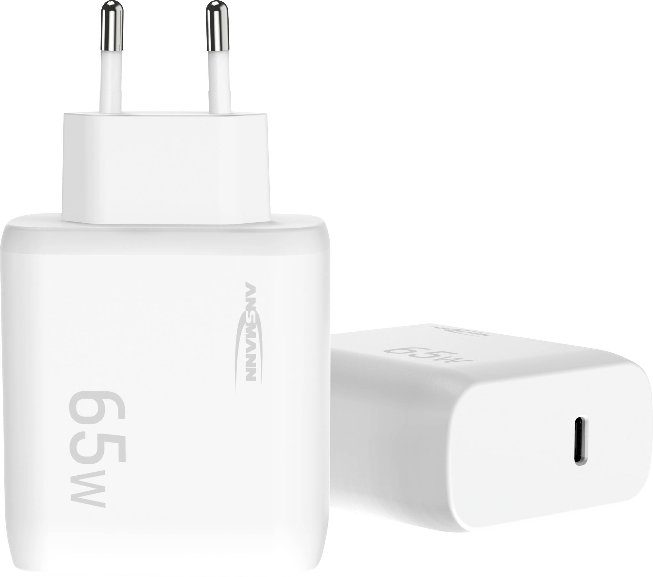 Chargeur mural blanc Ansmann 65W USB-C avec fiche à deux broches, présenté avec un bloc de chargeur assorti posé à côté de lui.