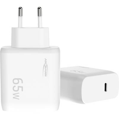 Chargeur mural blanc Ansmann 65W USB-C avec fiche à deux broches, présenté avec un bloc de chargeur assorti posé à côté de lui.