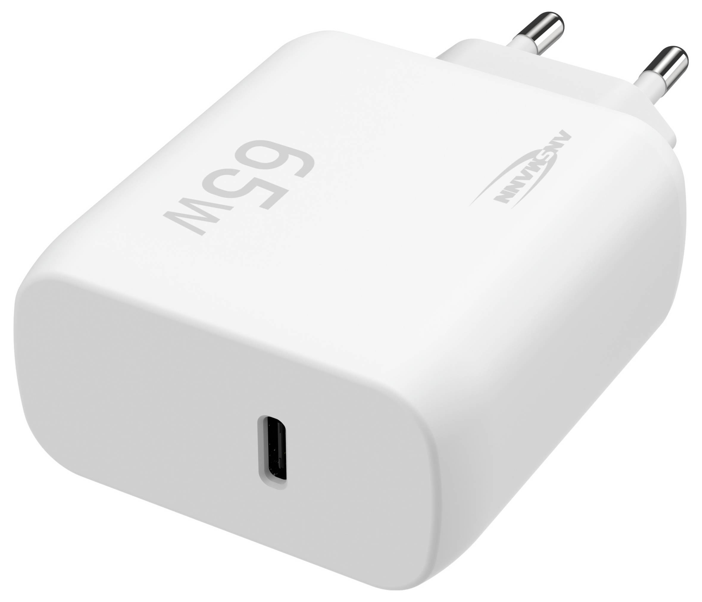 Chargeur mural USB-C blanc de 65 W avec prise deux broches et un seul port USB-C