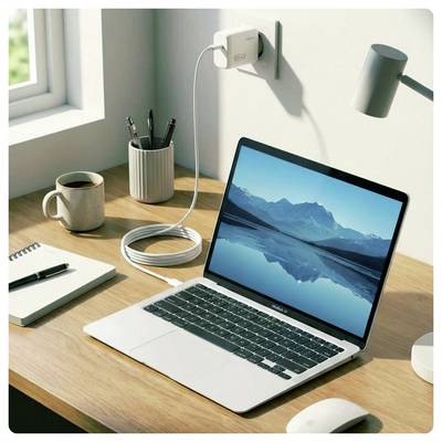 Ordinateur portable sur un bureau en bois en cours de recharge depuis une prise murale, avec une tasse, un cahier, un porte-stylos, une lampe et une souris dans un espace de travail lumineux.
