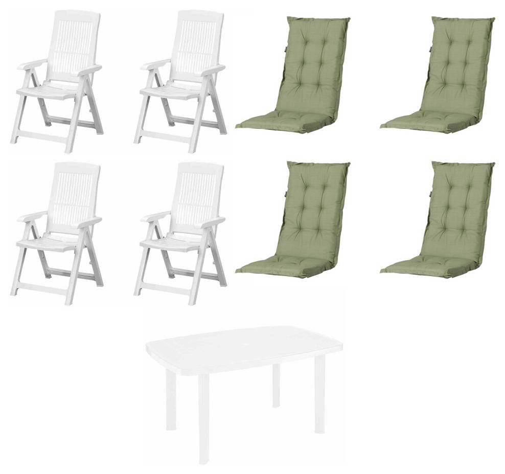 Ensemble de quatre chaises pliantes blanches, quatre coussins de siège verts et une table rectangulaire blanche sur un fond neutre.