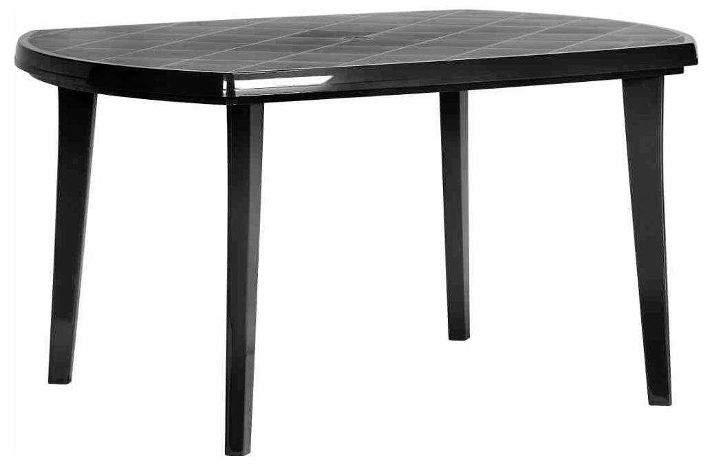 Table ovale noire avec plateau et quatre pieds droits, présentée sur un fond blanc.