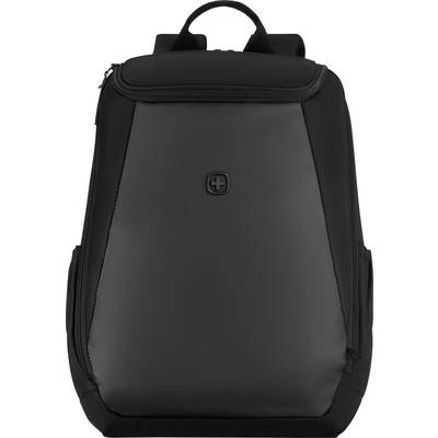 Sac à dos noir avec une poche à fermeture éclair avant, une poignée supérieure et des bretelles d'épaule rembourrées sur un fond blanc.