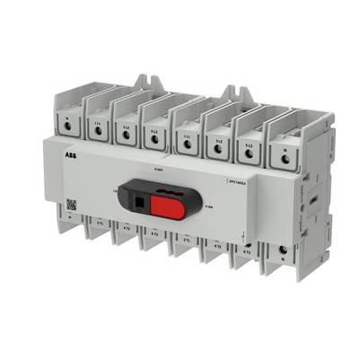 Disconnecteur de commutation électrique ABB avec un levier marche/arrêt rouge et plusieurs connexions de bornes, présenté dans une vue isolée de style produit.