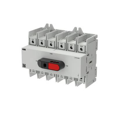 Disjoncteur/sectionneur électrique ABB avec poignée manuelle rouge, présenté dans un boîtier industriel blanc avec plusieurs connexions de bornes.