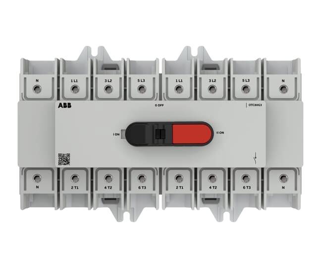 Déconnecteur électrique four-pôles ABB avec un levier ON/OFF rouge et des bornes étiquetées sur fond blanc