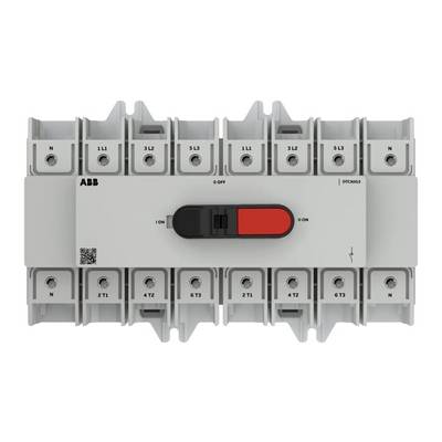 Déconnecteur électrique four-pôles ABB avec un levier ON/OFF rouge et des bornes étiquetées sur fond blanc