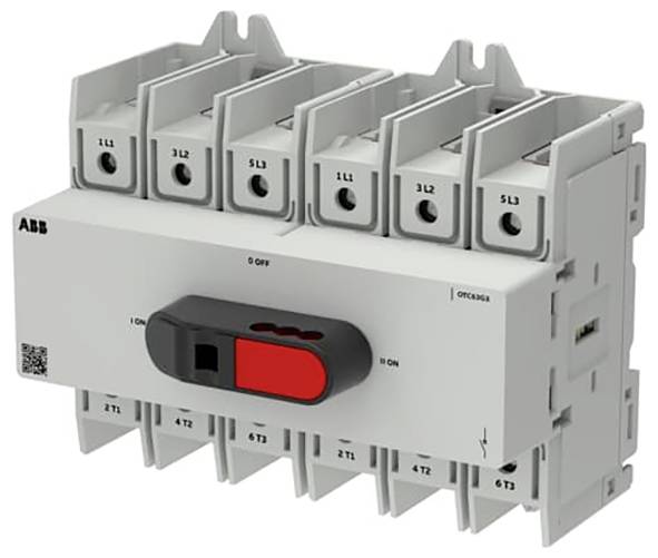 Commutateur/sectionneur électrique ABB avec six ports de connexion et un levier ON-OFF rouge/noir sur un boîtier blanc.