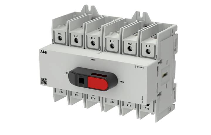 Disconnecteur de sectionneur électrique ABB avec levier rouge marche/arrêt et connecteurs de bornes multiples, présenté dans une vue de style produit sur fond blanc.