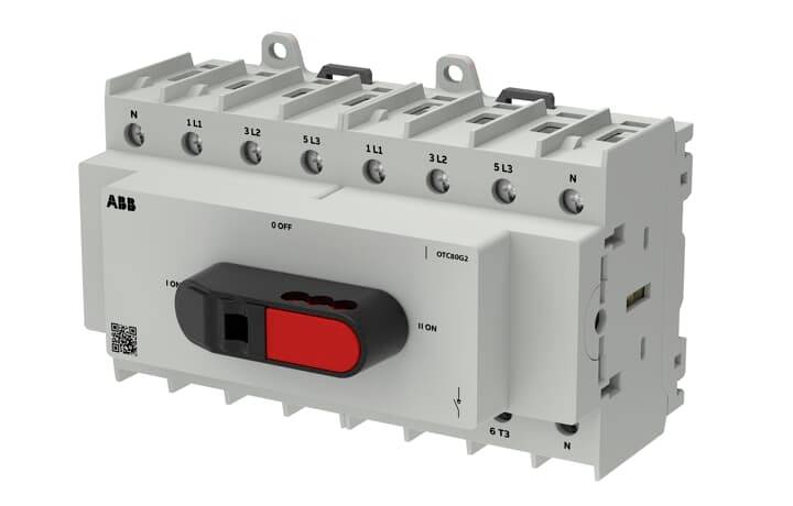 Commutateur/sectionneur électrique ABB avec levier rouge et noir, bornes frontales étiquetées N, 1L1, 1L2, 5L3, 1L4, 3L2, 6T3, et N.