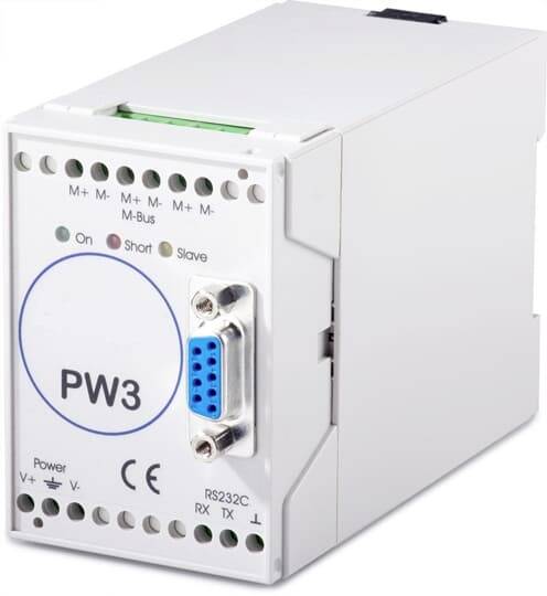 Module industriel blanc PW3 avec connecteur RS232C, voyants LED et ports de terminaison sur le panneau avant.