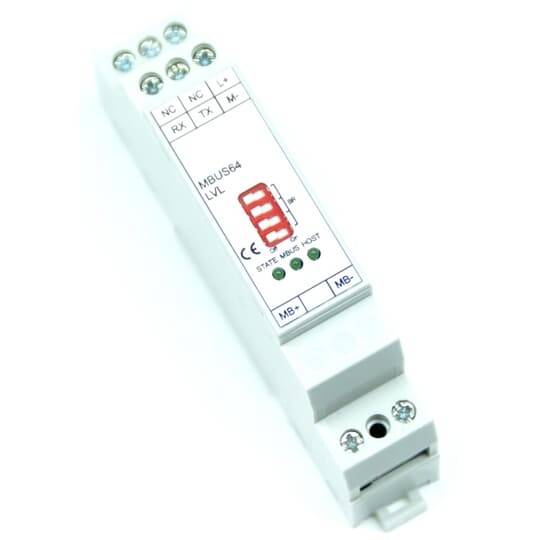 Module électronique blanc sur rail DIN étiqueté « MBUS8 LVL » avec bornes et voyants d'état, présenté sur un fond blanc uni.
