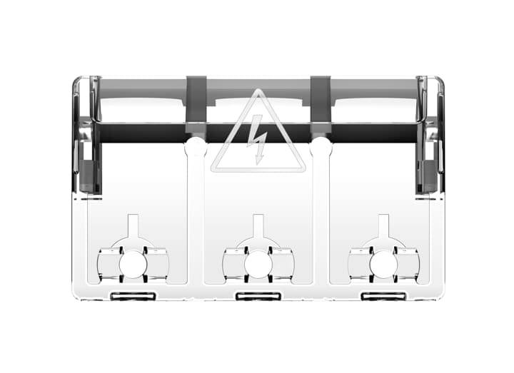 Couvercle de connecteur électrique transparent avec trois ouvertures inférieures et un symbole d'avertissement haute tension central.