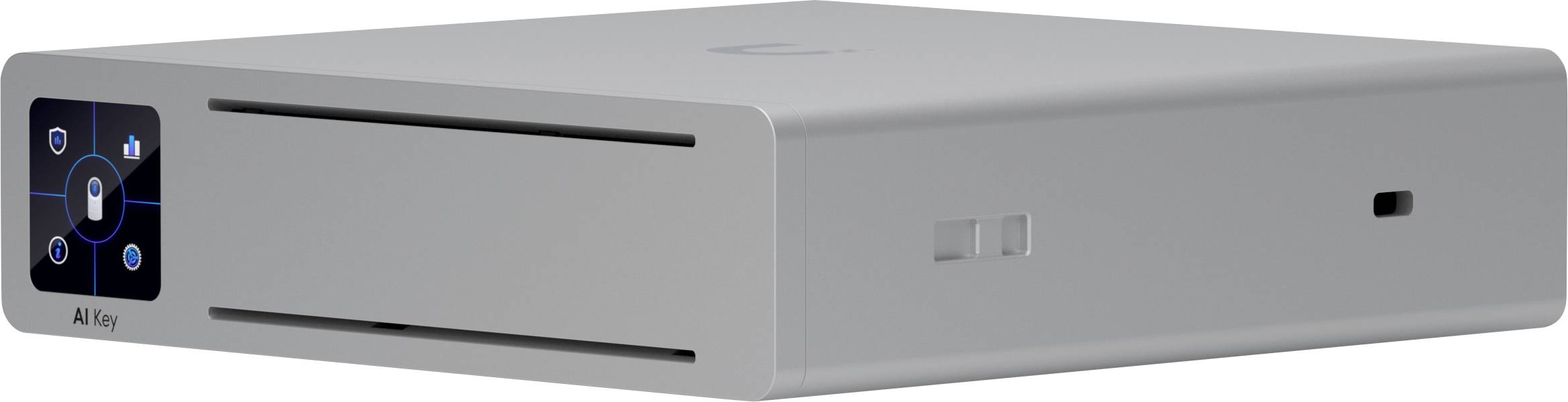 Appareil IA compact argenté avec écran frontal et commandes, étiqueté AI Key, présenté en vue trois-quarts.