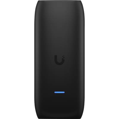 Appareil cylindrique noir avec un logo en forme de U et un petit voyant d'état bleu près du bas.