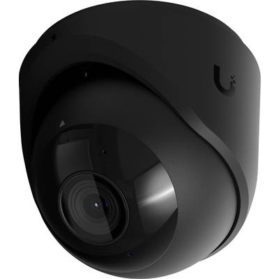 Caméra de sécurité dôme noire avec objectif grand angle, présentée sur un fond blanc.