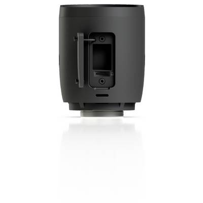 Appareil intelligent cylindrique noir présenté de face, avec un port encastré rectangulaire ou un panneau de capteur et du matériel de montage près du bas.