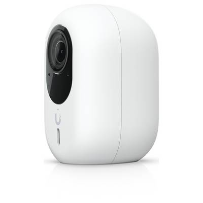 Caméra de sécurité blanche compacte avec un grand objectif noir à l'avant et un petit indicateur LED en dessous.