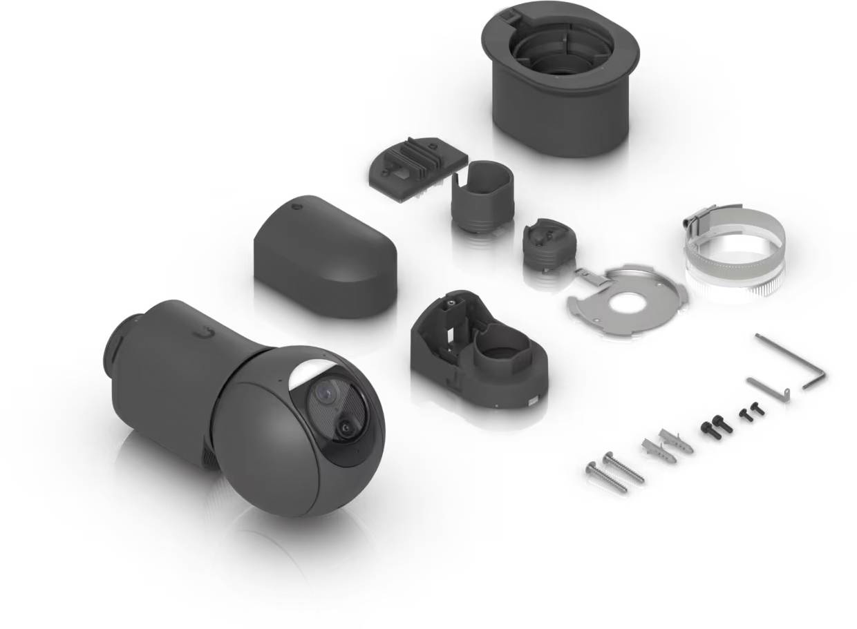 Vue éclatée d'une caméra cylindrique noire et de ses pièces de montage, montrant le boîtier de l'objectif, le bouchon, le support, la bague et les vis disposés séparément.