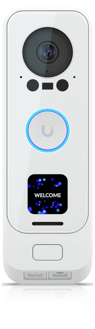 Un panneau de porte interphone intelligent blanc avec caméra, bouton lumineux en forme d'anneau, écran d'accueil, grille de haut-parleur et deux ports en bas.