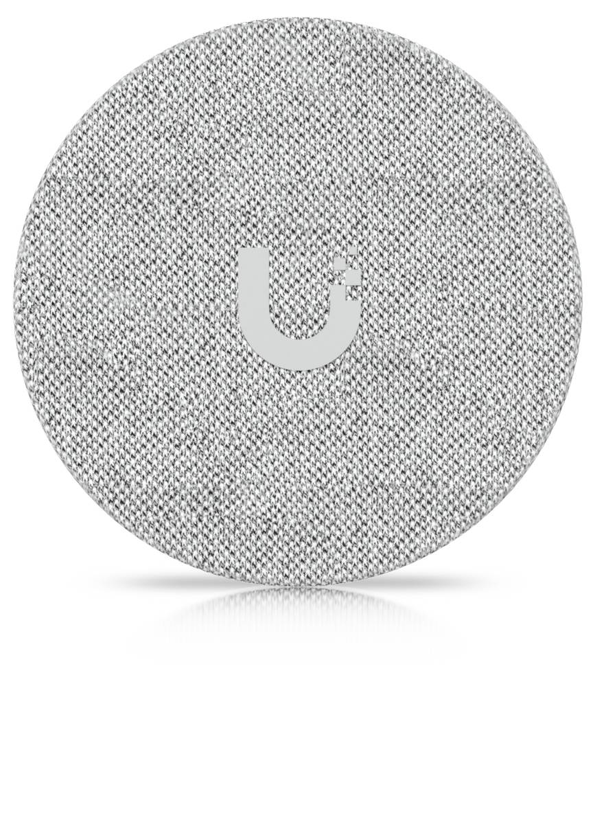 Haut-parleur ou appareil intelligent gris tissé de forme ronde avec un logo « u » minuscule centré