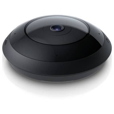 Caméra sphérique noire 360 degrés avec un objectif unique centré sur le dessus, présentée sur un fond blanc.