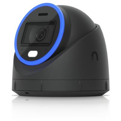Caméra de sécurité en dôme noir avec un anneau éclairé en bleu autour de l'objectif sur un fond blanc.
