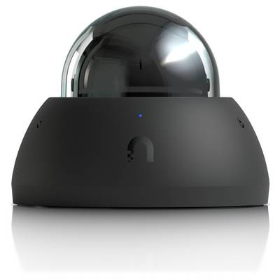 Robot futuriste noir ou appareil intelligent avec un dôme transparent sur un fond blanc, vue de face.