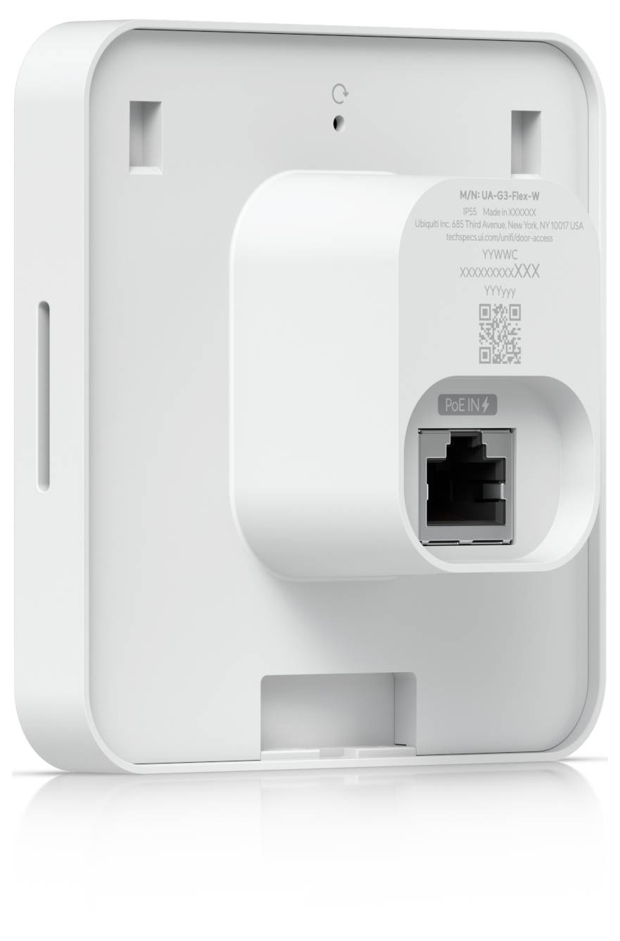 Vue arrière d'un appareil réseau blanc monté en mural avec port Ethernet, code QR et fentes de montage
