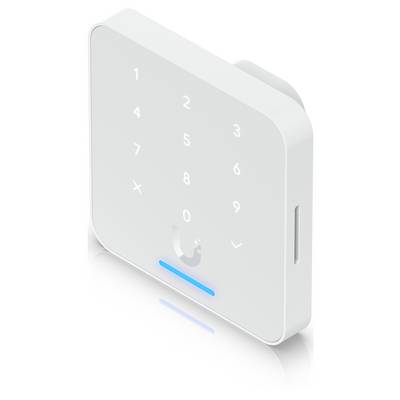 Serrure à clavier montée sur mur blanc avec boutons numérotés illuminés, icône d'empreinte digitale et voyant de statut bleu.