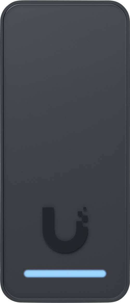 Appareil rectangulaire gris foncé aux coins arrondis, logo en forme de U près du bas, et une lumière horizontale bleue brillante à la base.