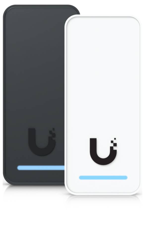 Deux élégants smartphones rectangulaires, l'un gris foncé et l'autre blanc, présentés côte à côte avec un logo minimaliste et une barre d'accent bleu près du bas.