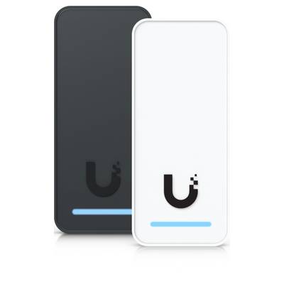 Deux élégants smartphones rectangulaires, l'un gris foncé et l'autre blanc, présentés côte à côte avec un logo minimaliste et une barre d'accent bleu près du bas.