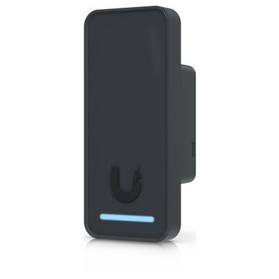 Un appareil électronique en forme de U noir avec une lumière horizontale bleue brillante près du bas, montré en vue de face sur un fond blanc.
