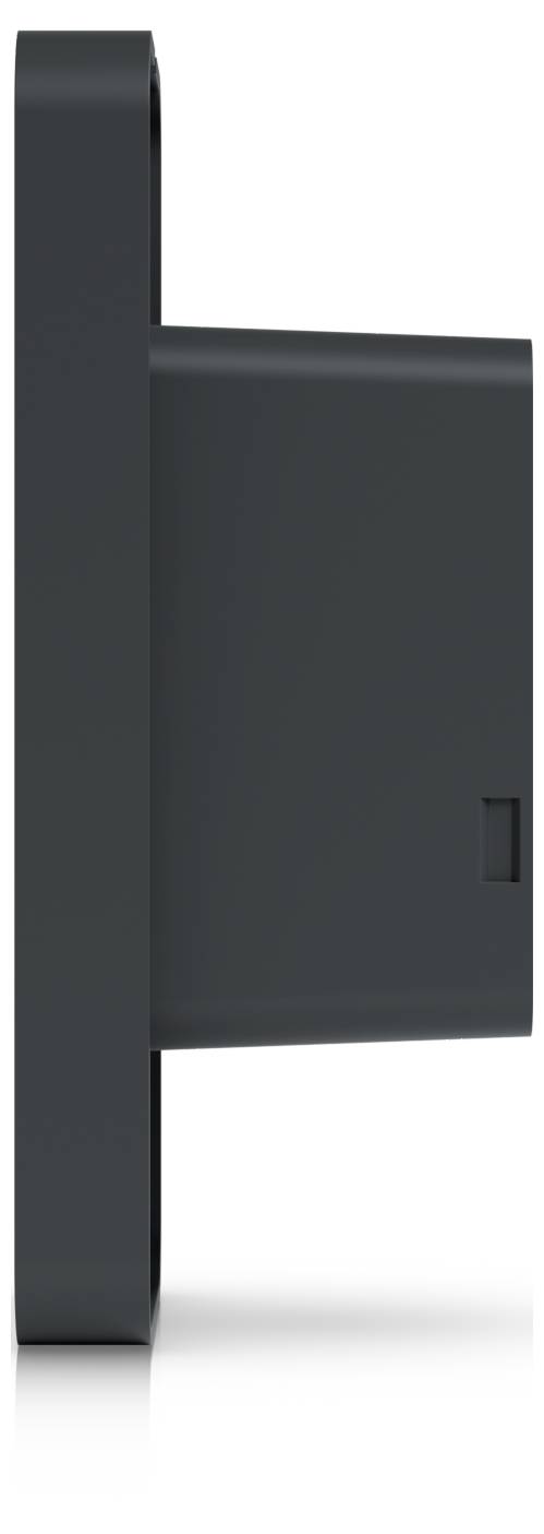 Vue latérale d'un appareil rectangulaire gris foncé fixé au mur avec un long panneau avant vertical et un petit port latéral près du bas à droite.
