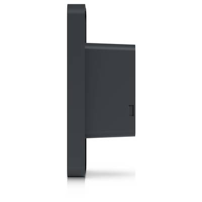 Vue latérale d'un appareil rectangulaire gris foncé fixé au mur avec un long panneau avant vertical et un petit port latéral près du bas à droite.