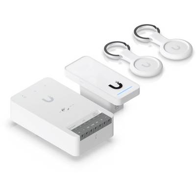 Ensemble de matériel de maison intelligente blanc : un grand concentrateur principal, un petit module enfichable et deux télécommandes circulaires avec logos « G ».