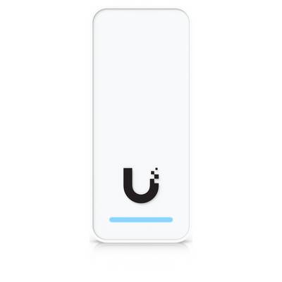 Écran blanc de smartphone affichant un logo minuscule stylisé noir 'u' avec une ligne cyan près du bas, centré sur un fond uni.