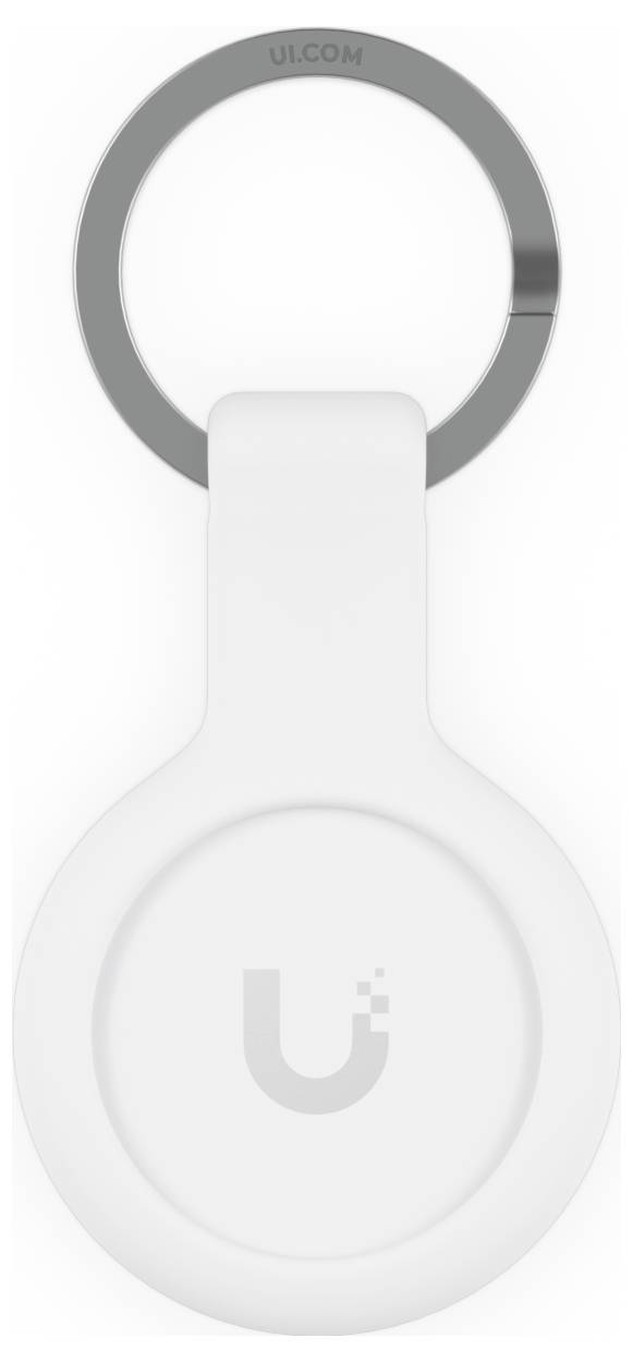 Appareil blanc de style Ubiquiti avec un anneau gris sur le dessus, montré de face sur un fond clair uni.