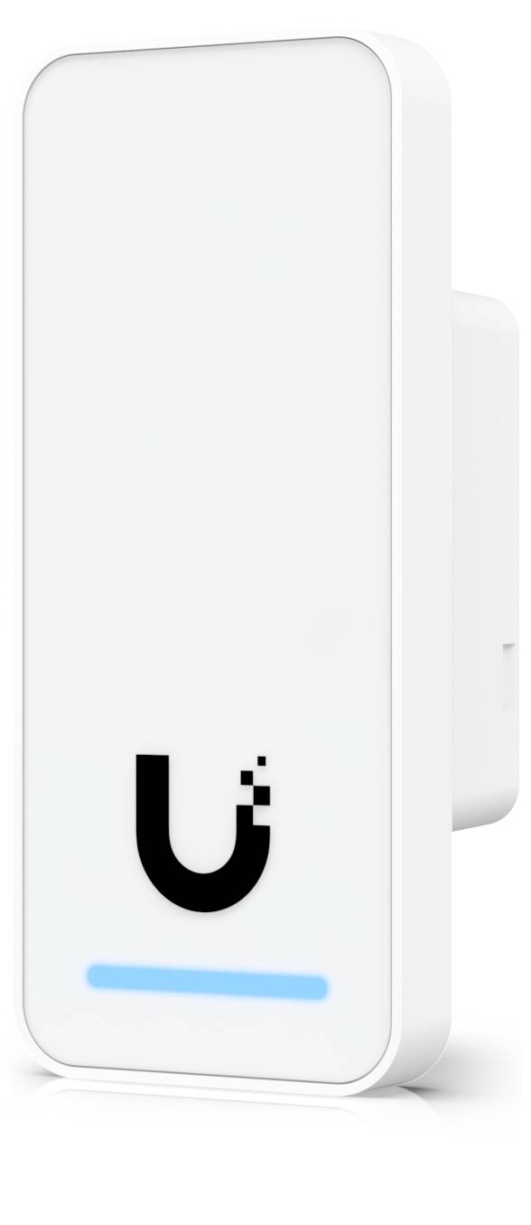 Appareil mural de style Ubiquiti blanc avec des coins arrondis, un logo « U » noir et une barre de voyant d'état bleu à l'avant.
