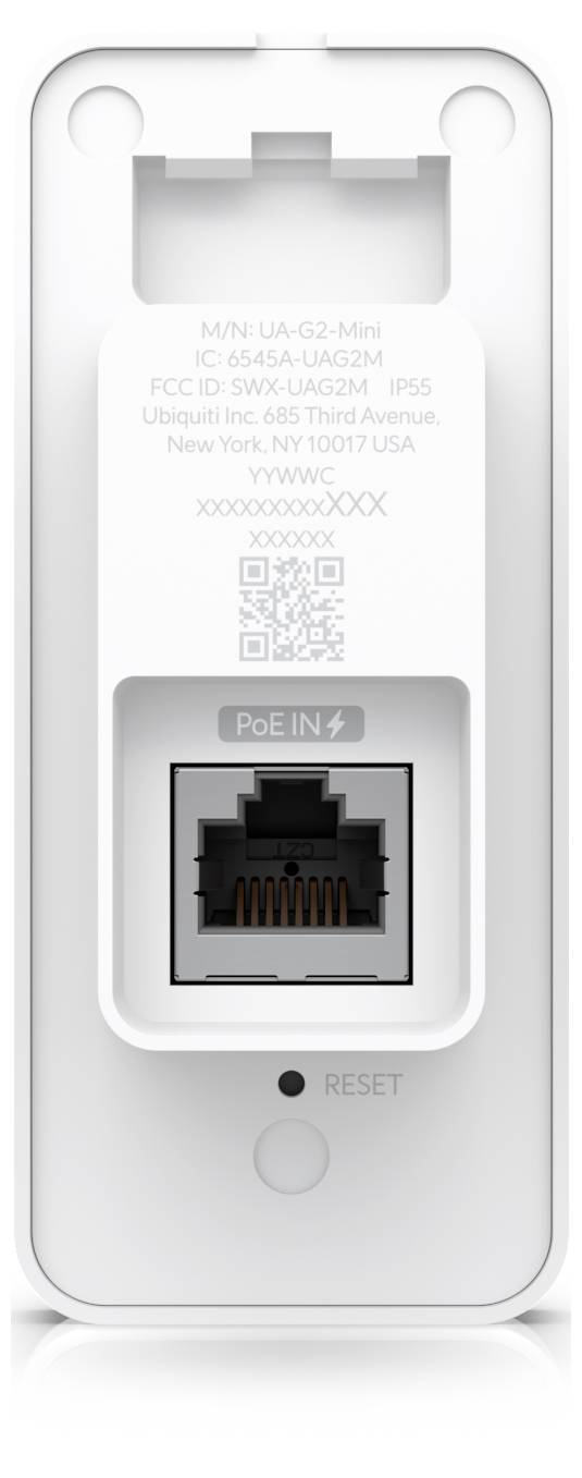 Appareil réseau blanc monté sur mur avec port Ethernet PoE+, code QR et bouton « RESET », probablement un point d'accès UBX-65A ou un connecteur multimédia.