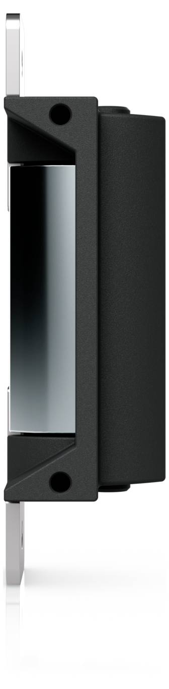Vue rapprochée de profil d'un module électronique noir rectangulaire ou d'un capteur monté sur un support argenté, avec une ouverture frontale sombre et deux trous de vis visibles.