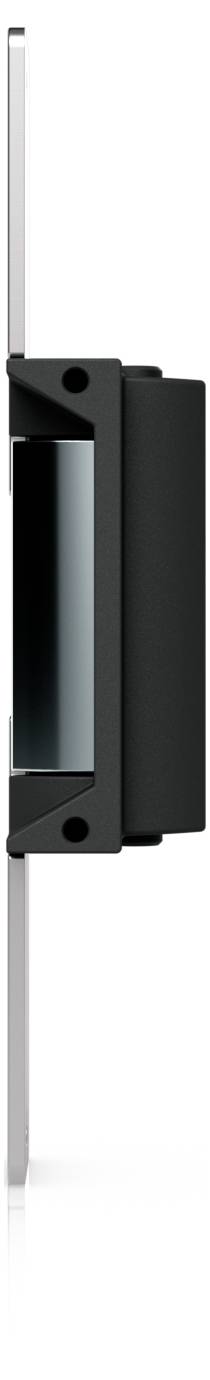 Gros plan d'une poignée ou d'un loquet vertical noir sur un panneau de verre étroit, présenté de profil sur un fond blanc.