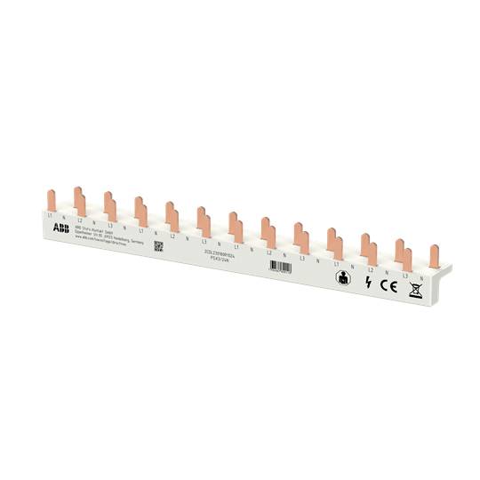 Peigne électrique ABB avec plusieurs broches en cuivre sur une bande blanche, utilisé pour distribuer l'alimentation dans un panneau électrique.