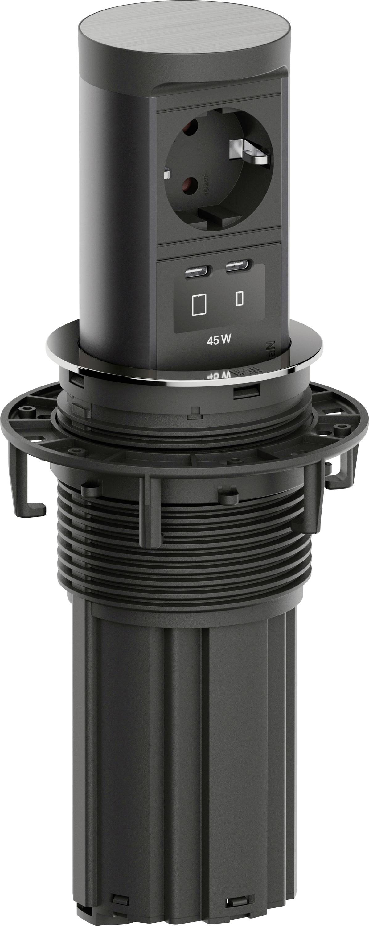 Rendu 3D d'une prise de courant rétractable noire pour sol avec prise européenne, deux ports USB et étiquette « 45 W », présentée dans un boîtier cylindrique.